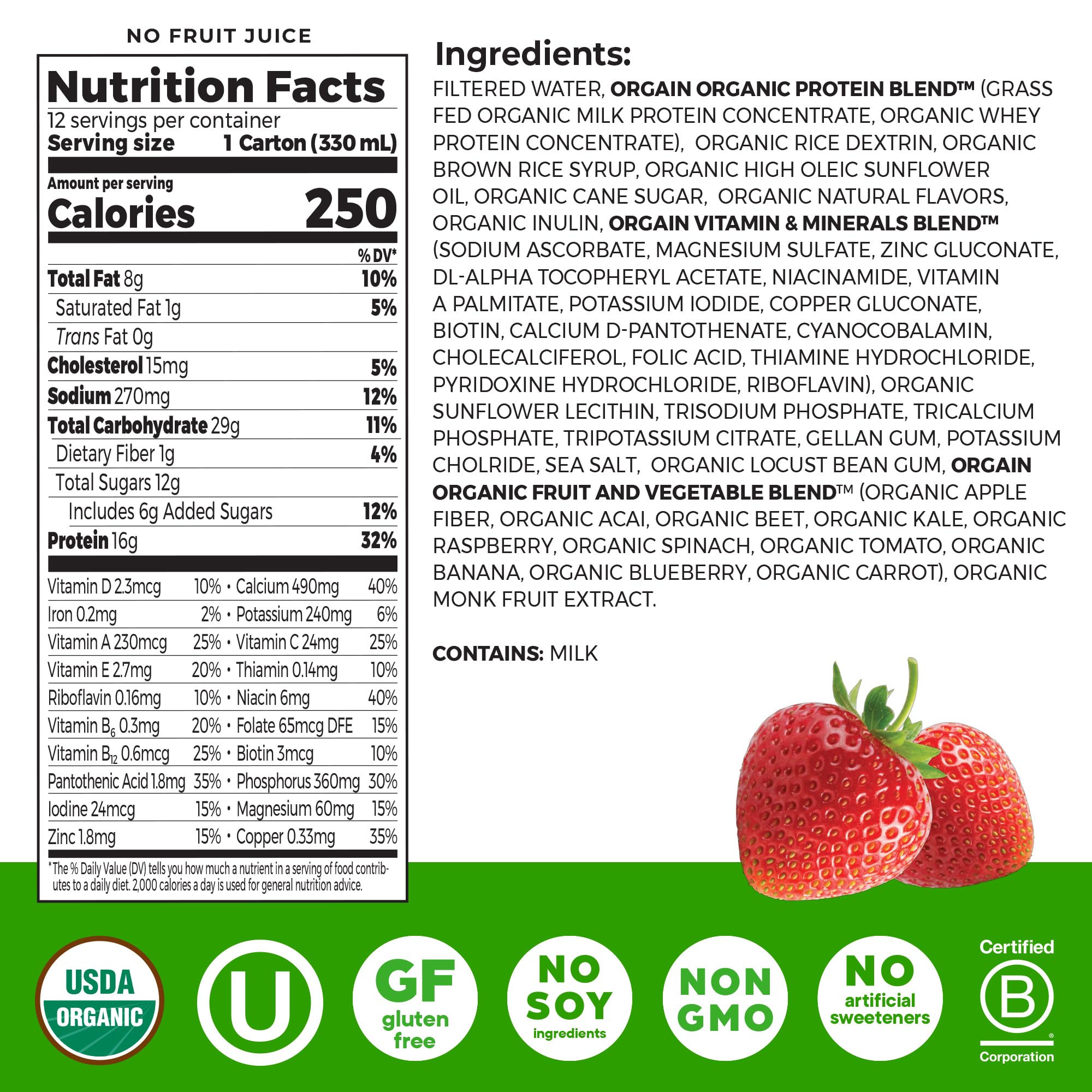 Orgain nutrition panel highlighting organic ingredients for balanced nutrition.