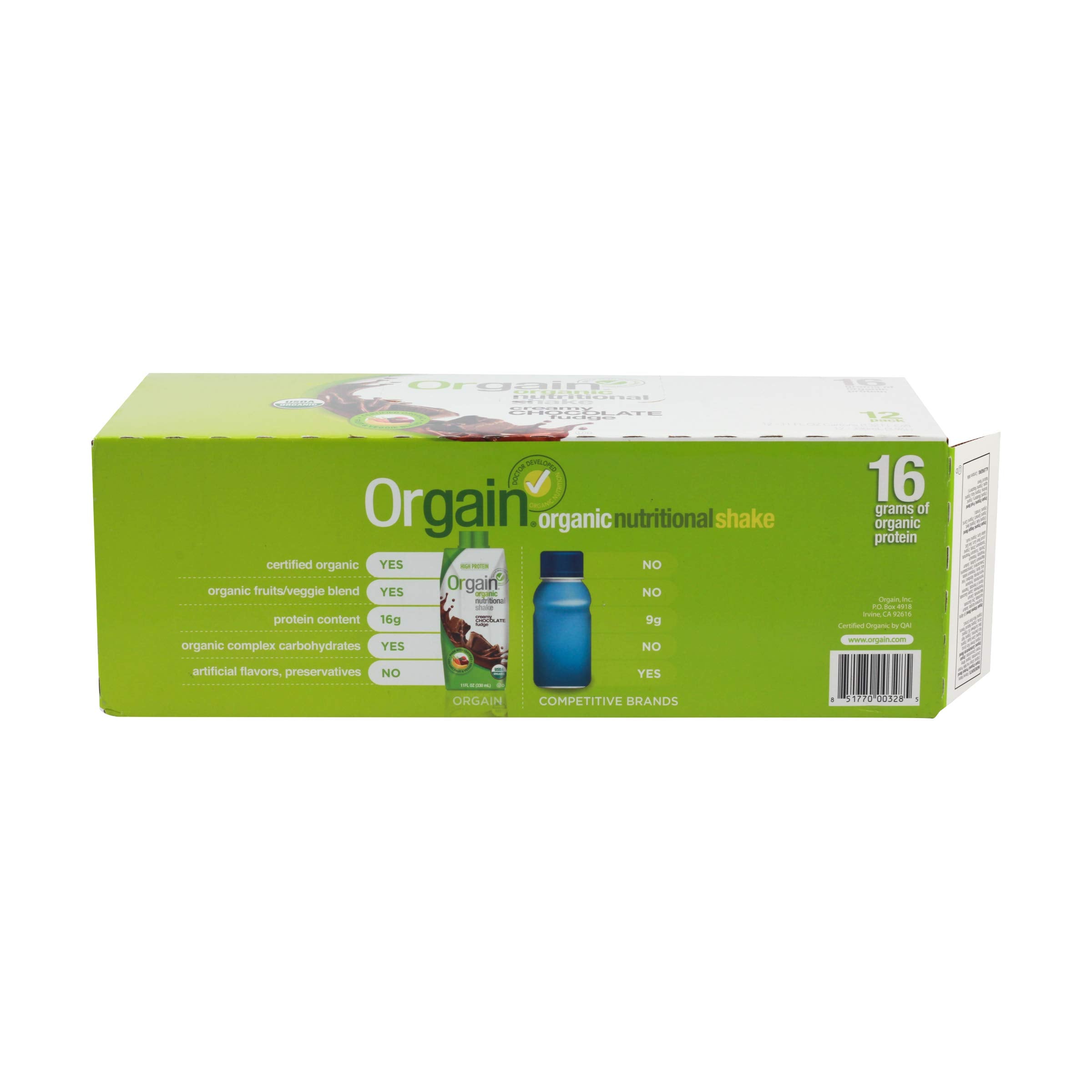 Orgain shake bottle pouring into a glass, showcasing rich chocolate fudge texture.