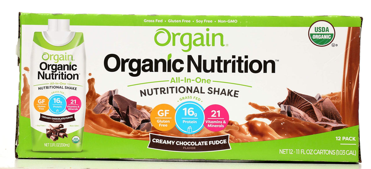Orgain Organic Creamy Chocolate Fudge Shake 12-pack, front view for on-the-go drinks.