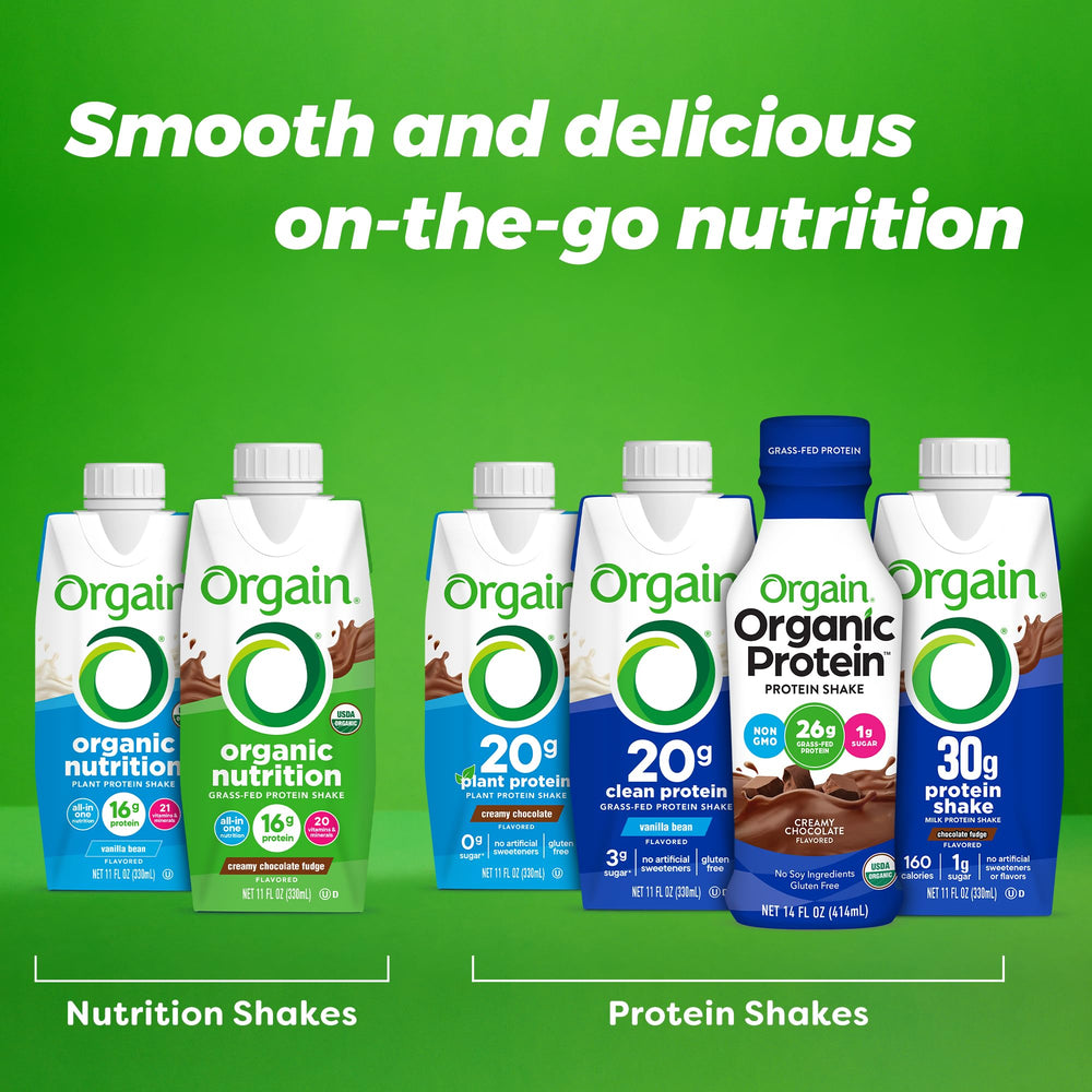 Orgain Creamy Chocolate Fudge shake ready for post-workout or snack.
