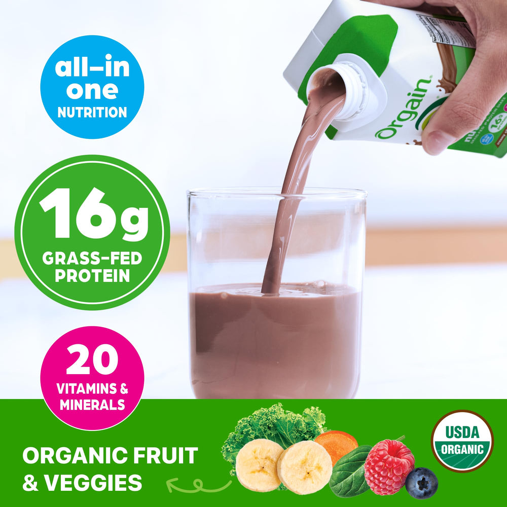 Close-up of Orgain label highlighting organic ingredients and protein.