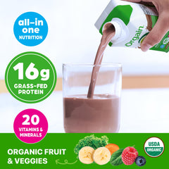 Close-up of Orgain label highlighting organic ingredients and protein.