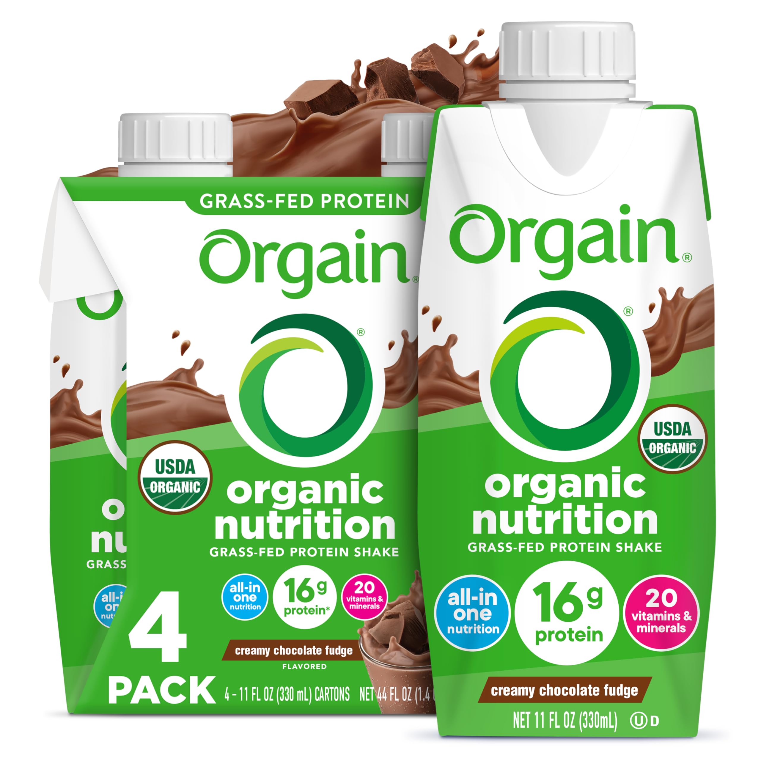 Orgain Organic Nutritional Shake Creamy Chocolate Fudge packaging for on-the-go nutrition.