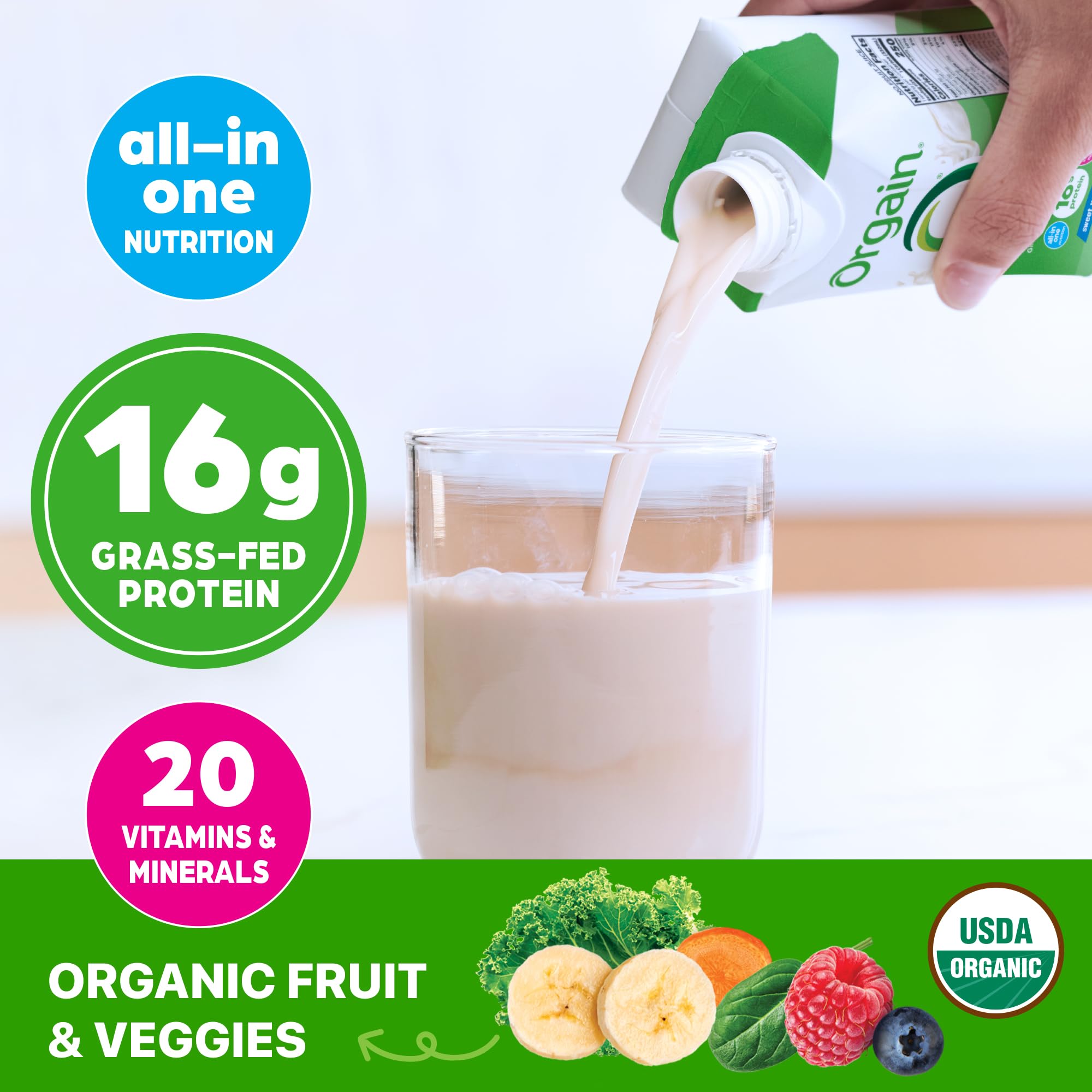 Orgain Organic Nutritional Shake ingredients image highlights organic fruits and veggies blend.