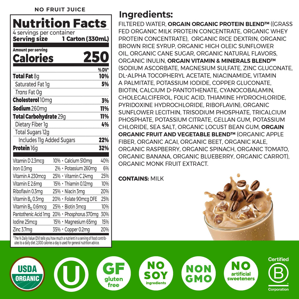 Orgain shake label detail showing 20 vitamins and minerals for daily nutrition.