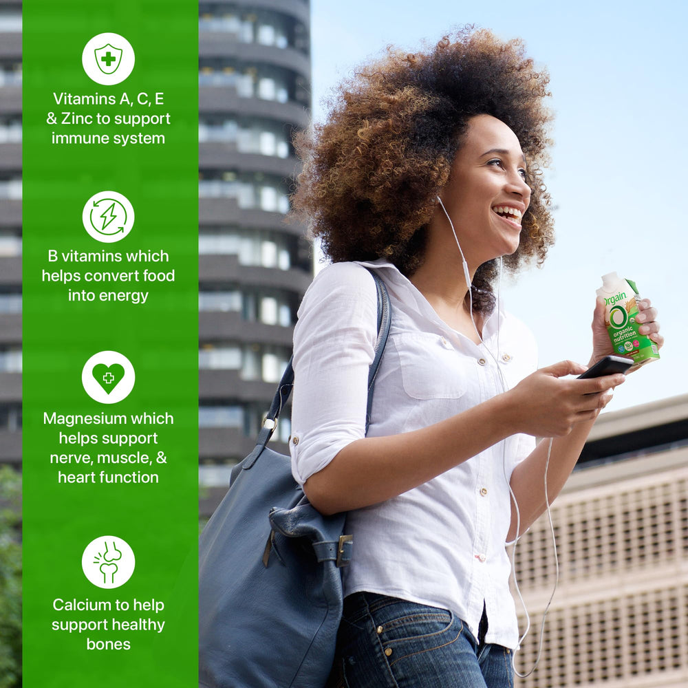 Orgain label highlighting gluten-free and non-GMO attributes for clean nutrition.
