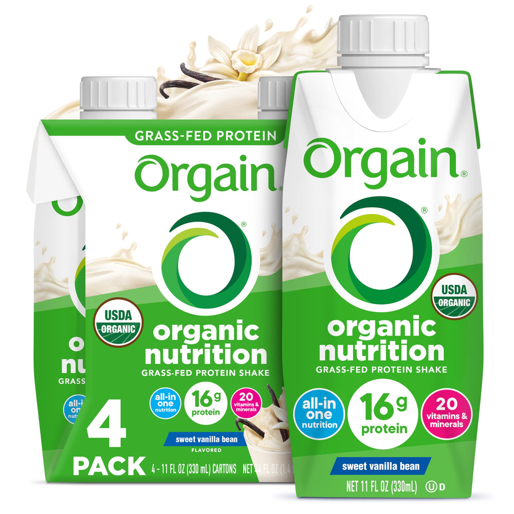 Orgain Organic Nutritional Shake Vanilla Bean bottle shows convenient meal replacement on the go.