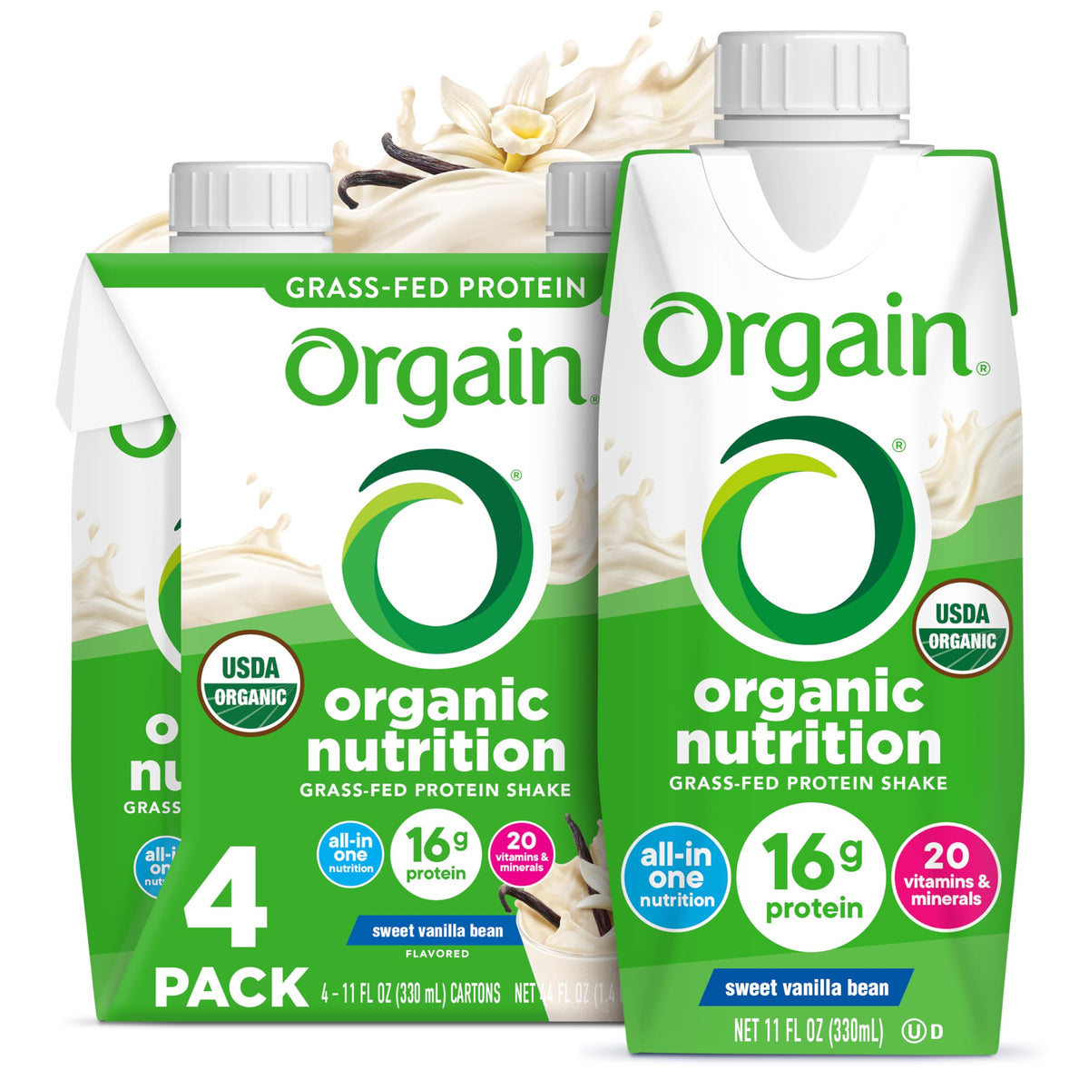 Orgain Organic Nutritional Shake Vanilla Bean bottle shows convenient meal replacement on the go.