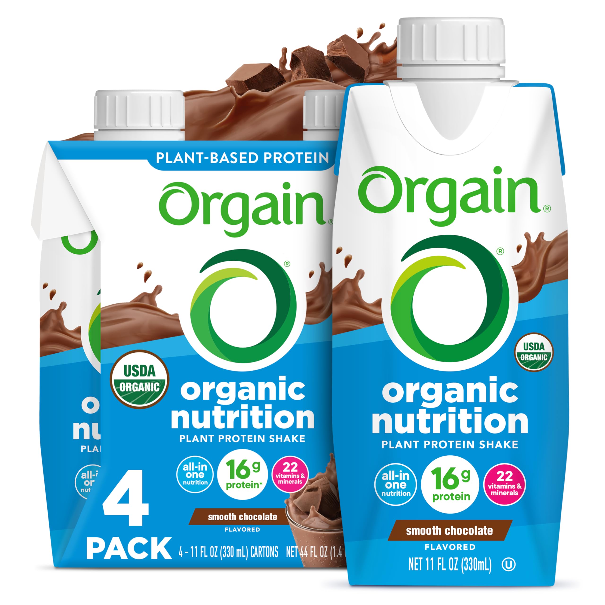 Orgain Smooth Chocolate vegan shake bottle highlighting plant-based protein.