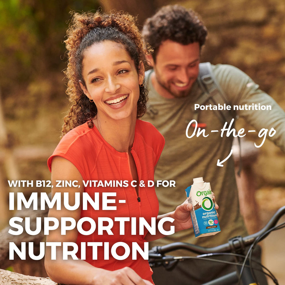 Orgain bottle badge highlighting vitamins and minerals for daily nutrition.