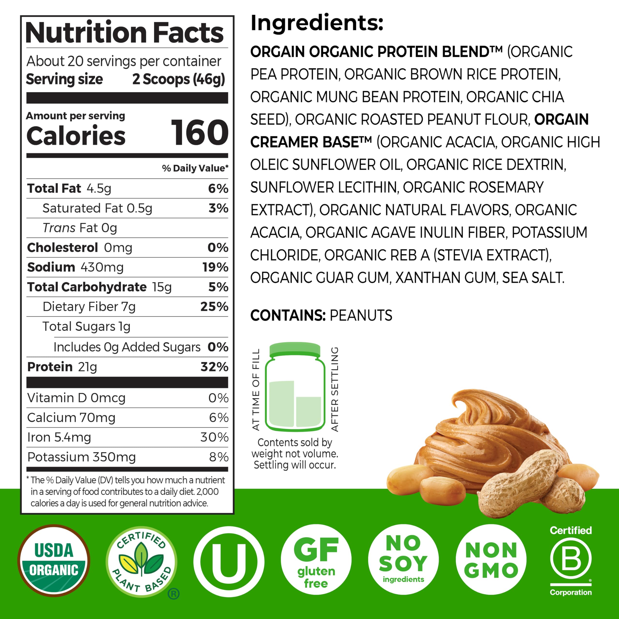 Orgain organic plant-based protein blend ingredients show balanced formula