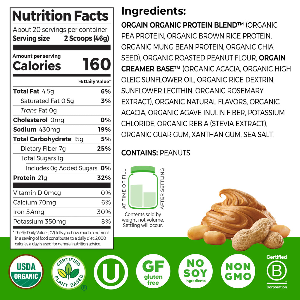 Orgain organic plant-based protein blend ingredients show balanced formula