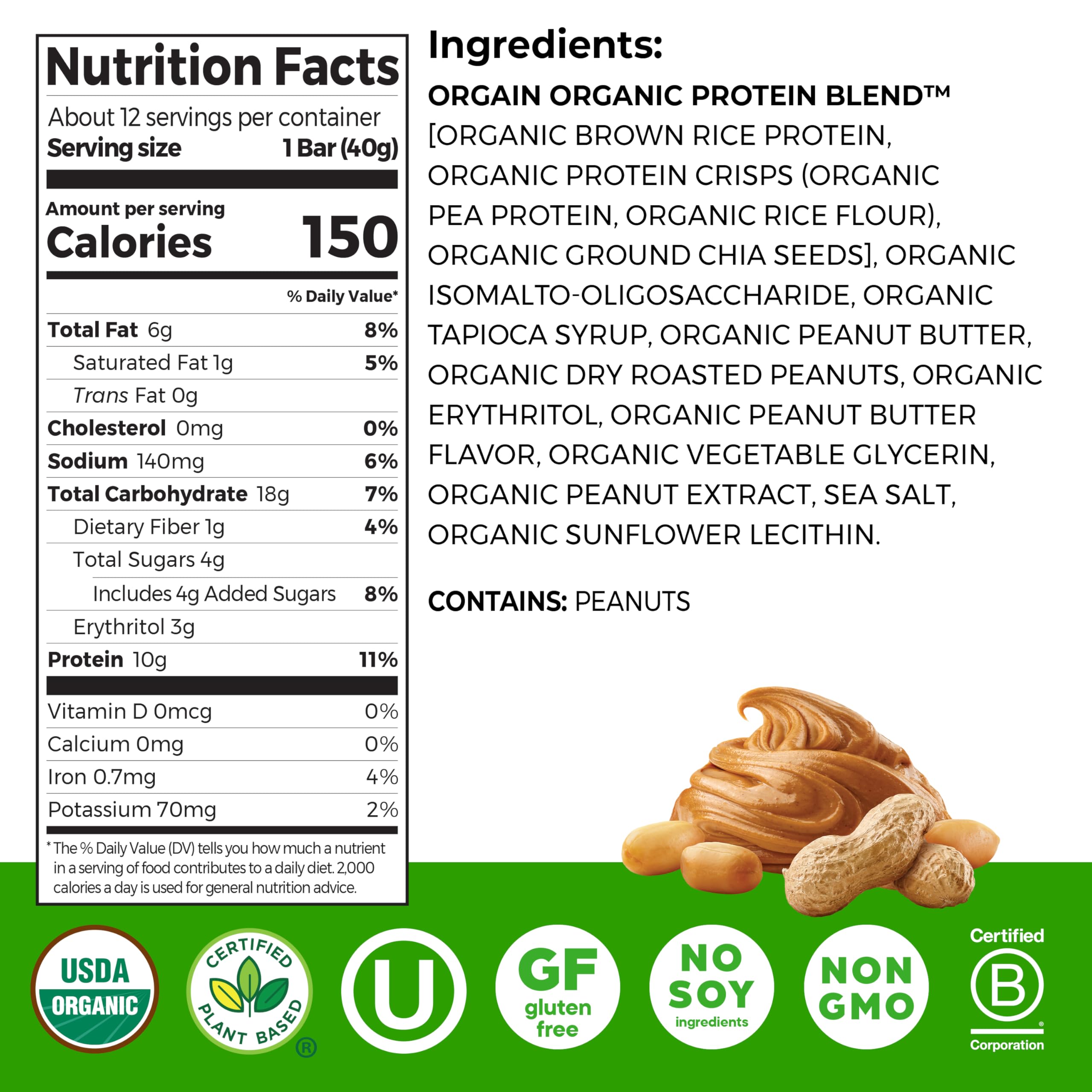 Orgain Peanut Butter bar close-up showing texture and ingredients