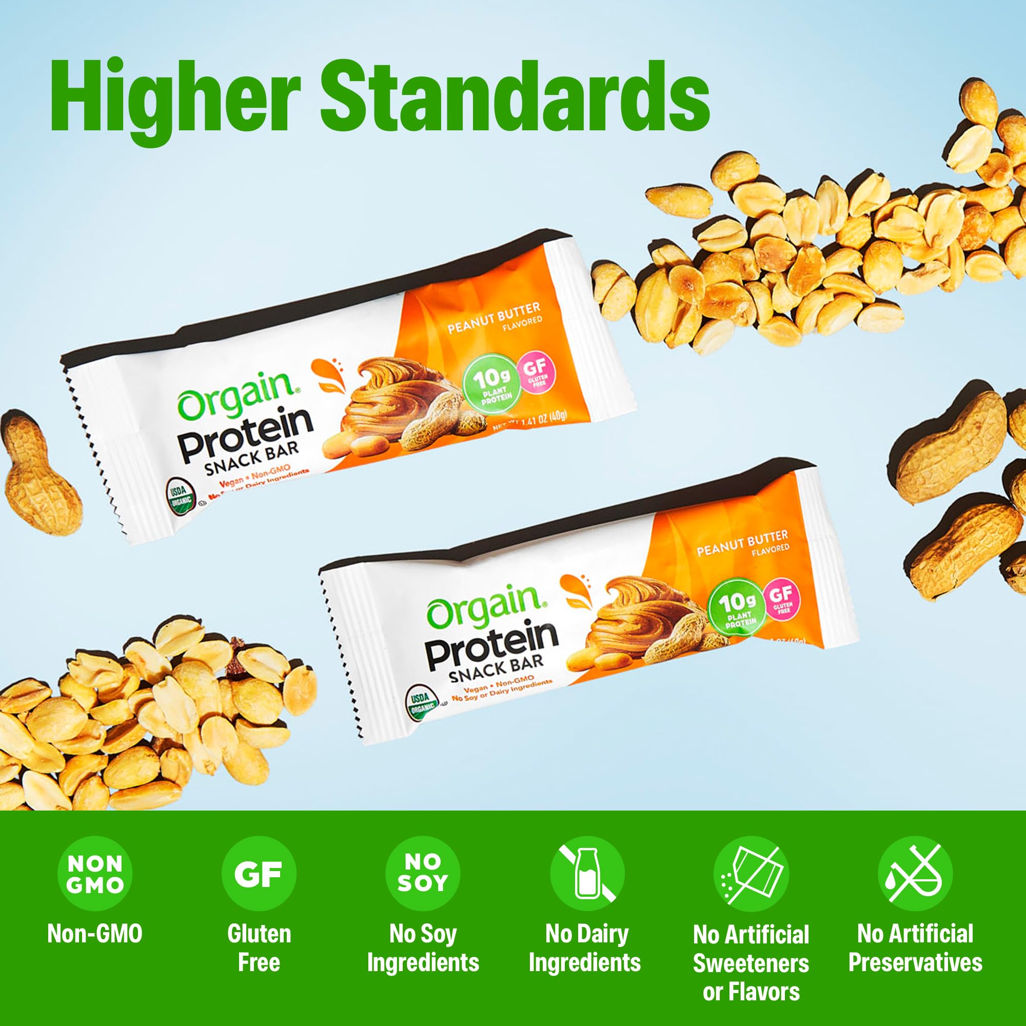 Orgain Peanut Butter nutrition facts displaying 10g protein per bar