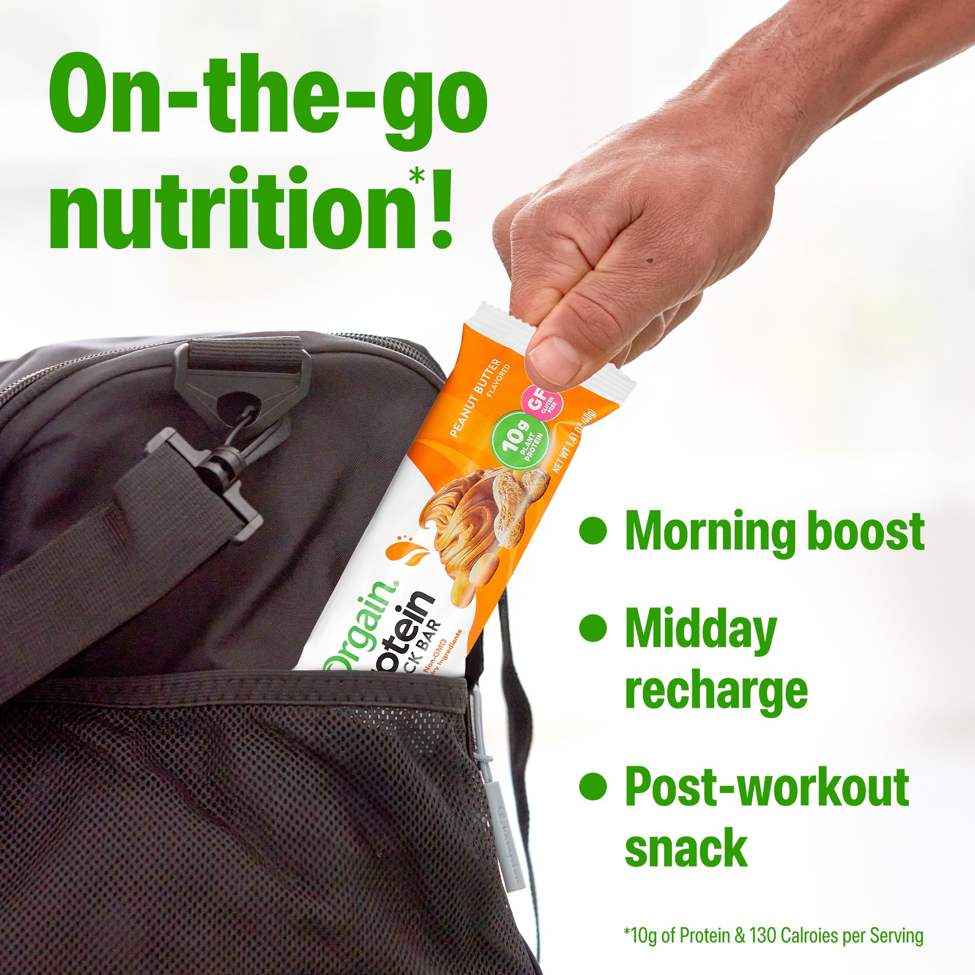 Orgain Peanut Butter bar being enjoyed as a quick on-the-go snack