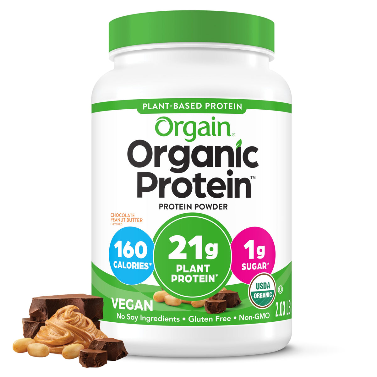 Orgain Organic Vegan Protein Powder bottle shows creamy chocolate peanut butter shake.