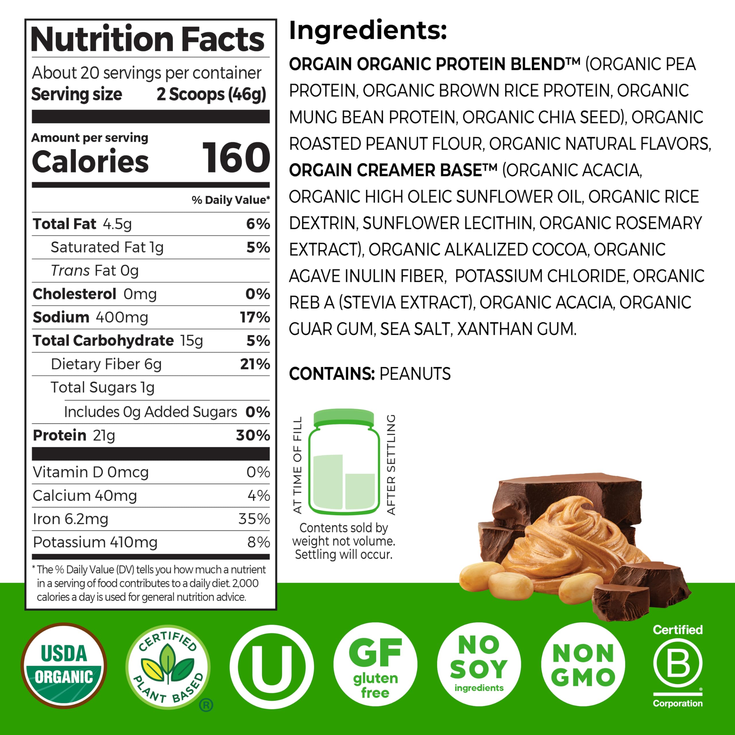 Orgain plant-based protein powder scoop beside a glass of blended shake.