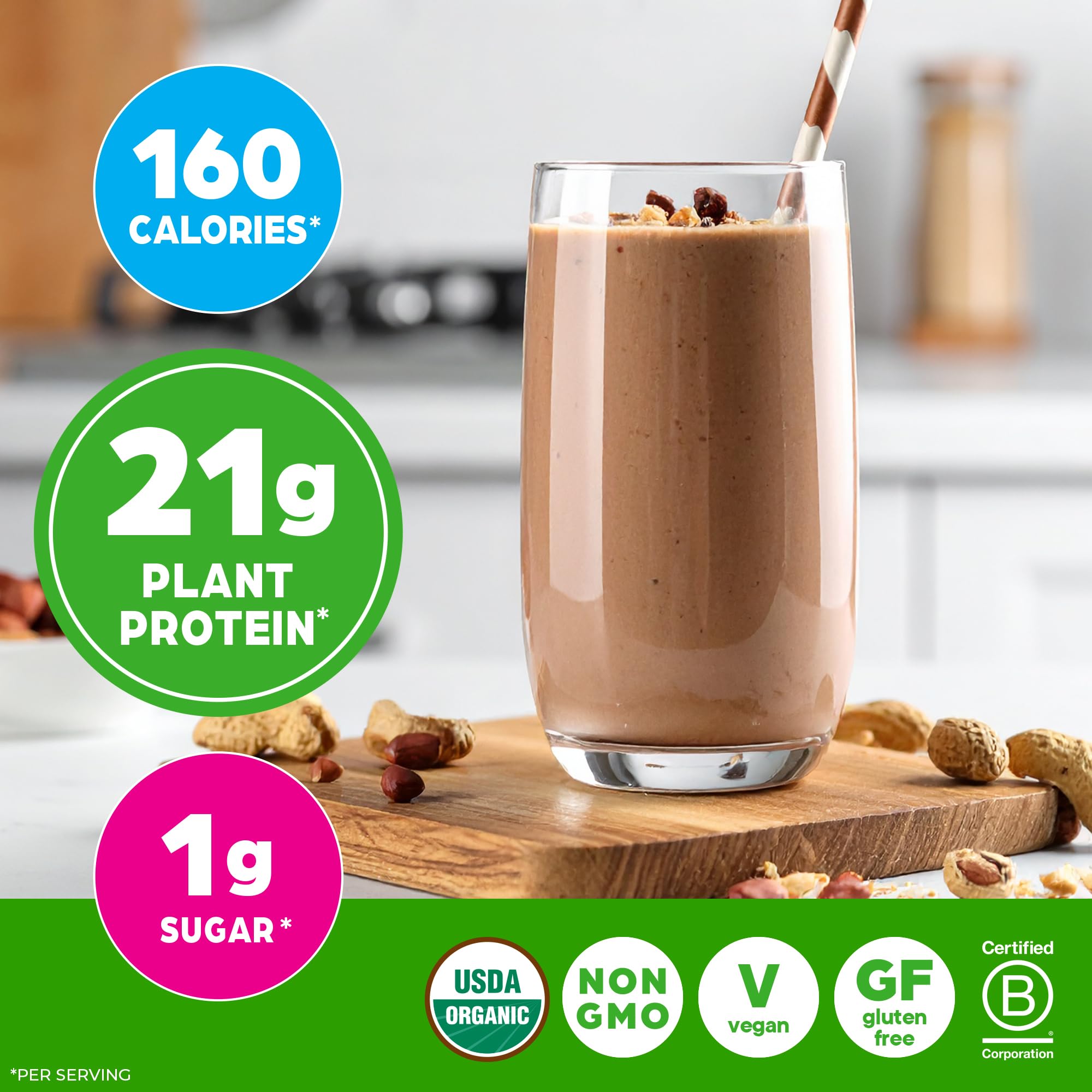 Orgain vegan protein powder beside almond milk for a versatile blend.