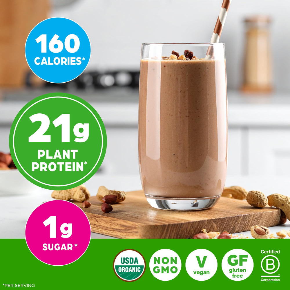 Orgain vegan protein powder beside almond milk for a versatile blend.