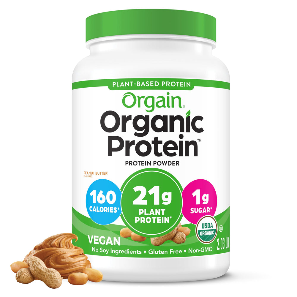 Orgain Organic Peanut Butter Protein Powder tub close-up highlighting clean ingredients
