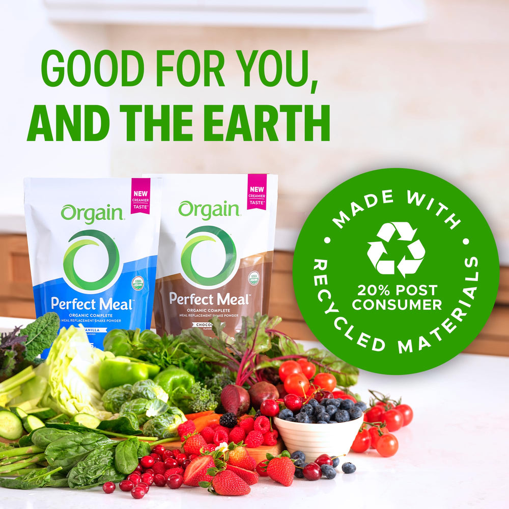 Orgain Perfect Meal chocolate baking batter used to add nutrition to cookies or treats.