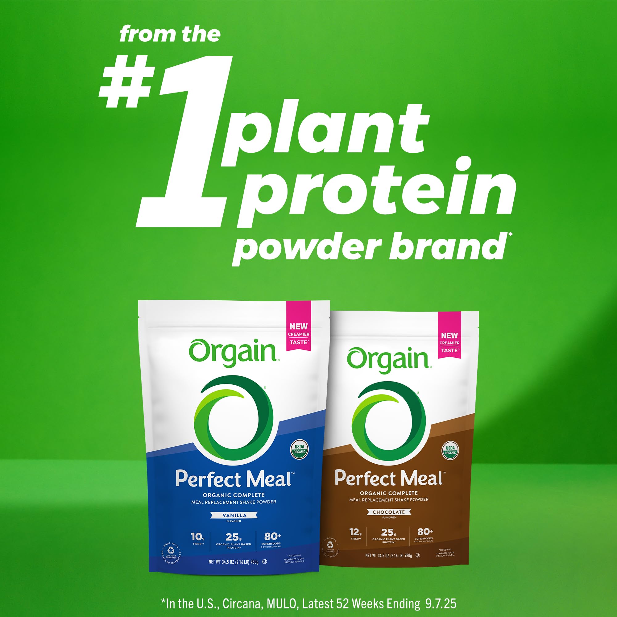 Orgain Perfect Meal ingredients rack highlights 80+ superfoods and probiotic blend.