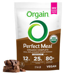 Orgain Perfect Meal chocolate powder canister with protein-packed nutrition for on-the-go meals.