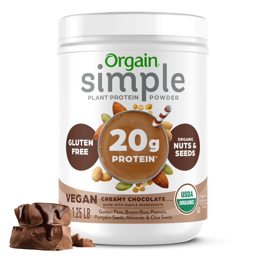 Orgain Simple Protein Powder Chocolate bottle highlighting 20g vegan protein per serving.