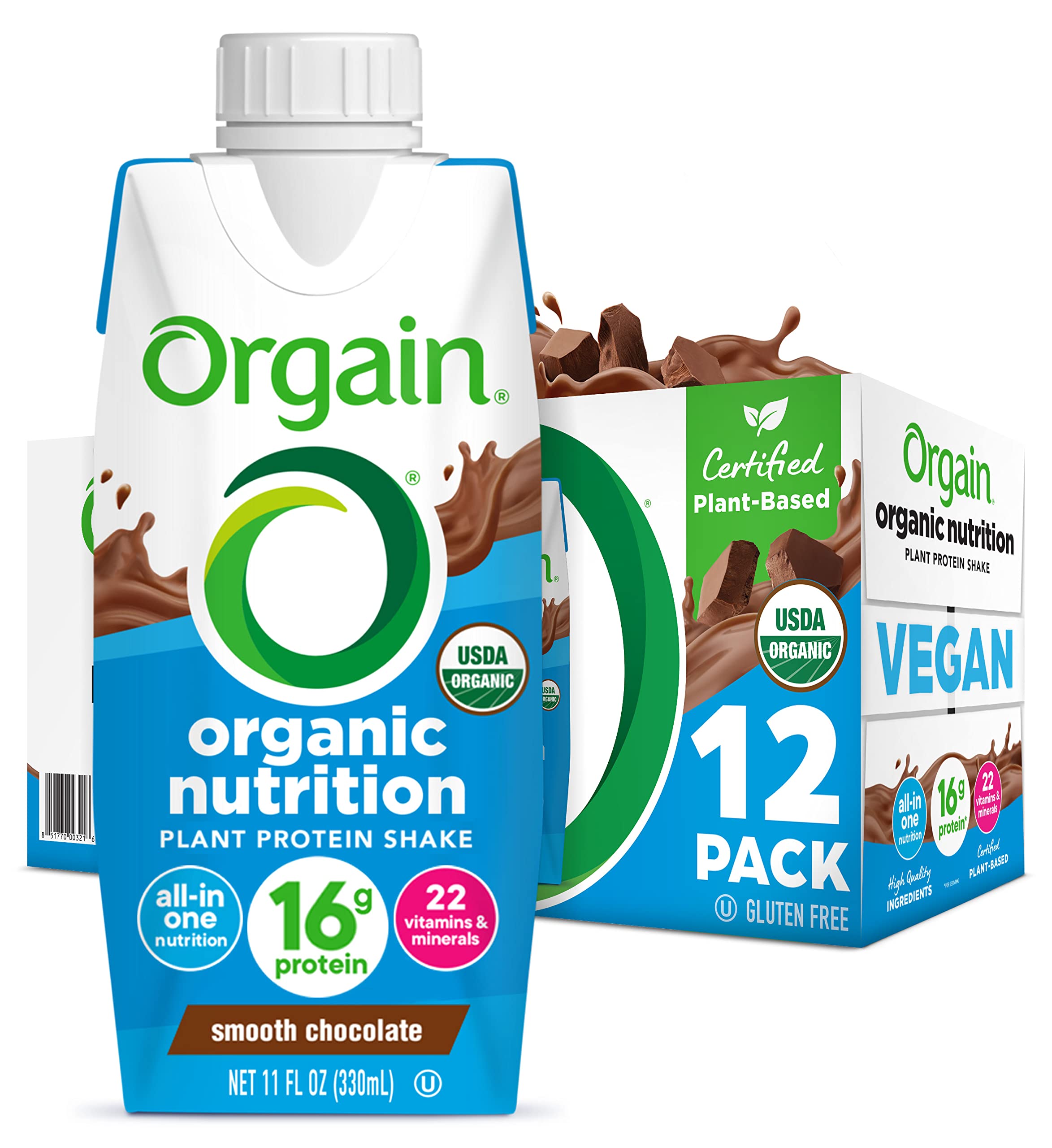 Orgain Smooth Chocolate vegan protein shake bottle ready to enjoy.