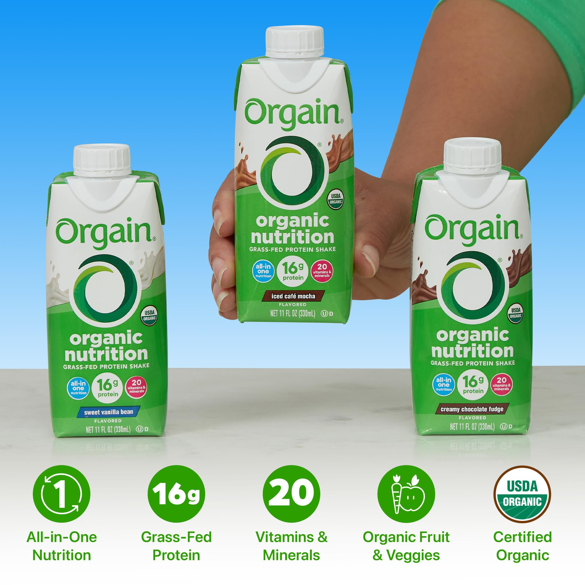 Orgain strawberries-cream bottle display: creamy texture and fruit-based nutrients