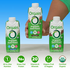 Orgain strawberries-cream bottle display: creamy texture and fruit-based nutrients