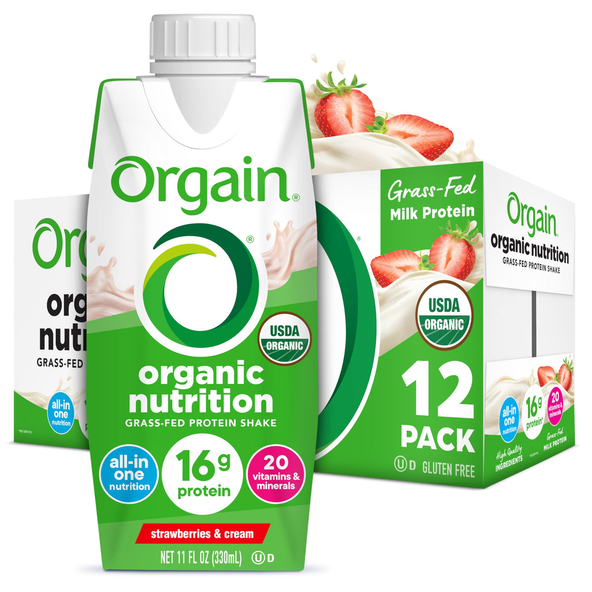 Orgain Strawberries & Cream bottle pour delivers on-the-go protein nutrition.