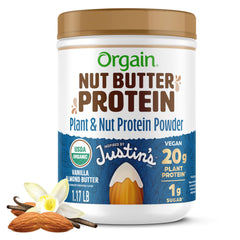 Orgain Vanilla Almond Butter Protein Powder tub for convenient plant-based protein.