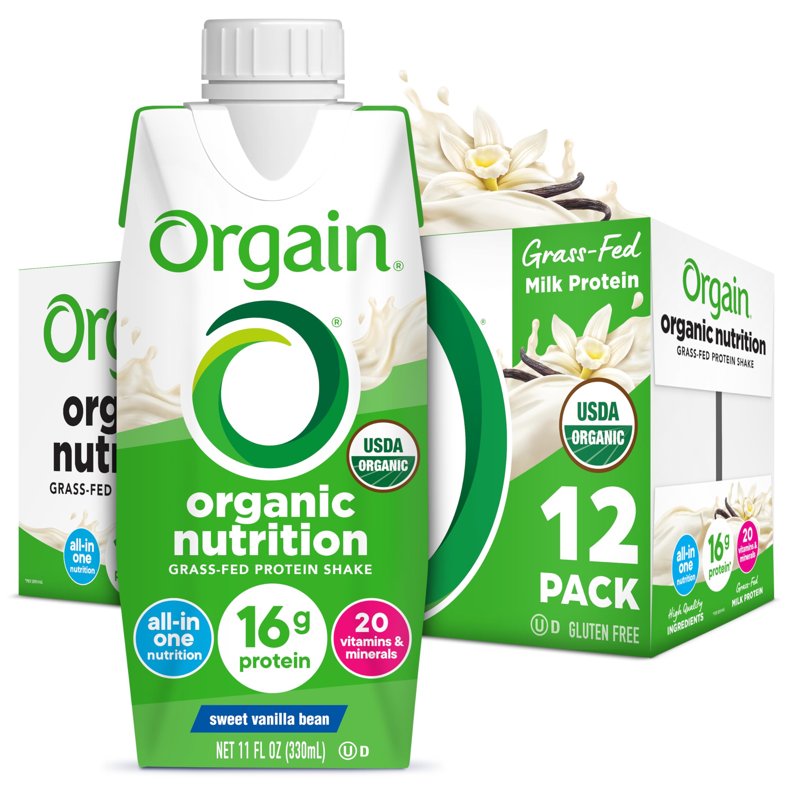 Orgain Vanilla Bean Nutritional Shake bottle for on-the-go protein.