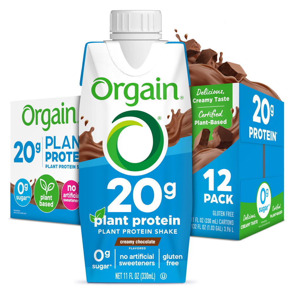 Orgain vegan protein shake bottle in creamy chocolate for a quick protein boost
