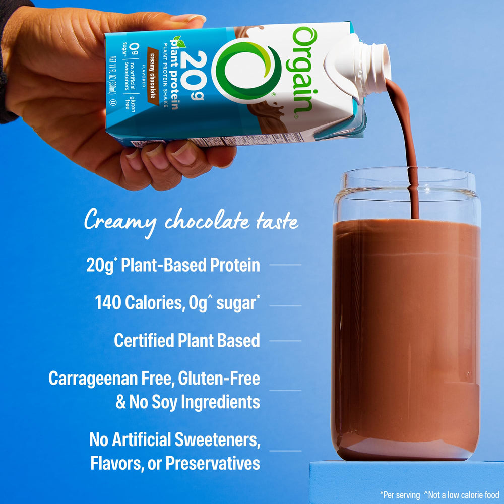 Orgain shake poured into a glass, showcasing ready-to-drink convenience for busy days