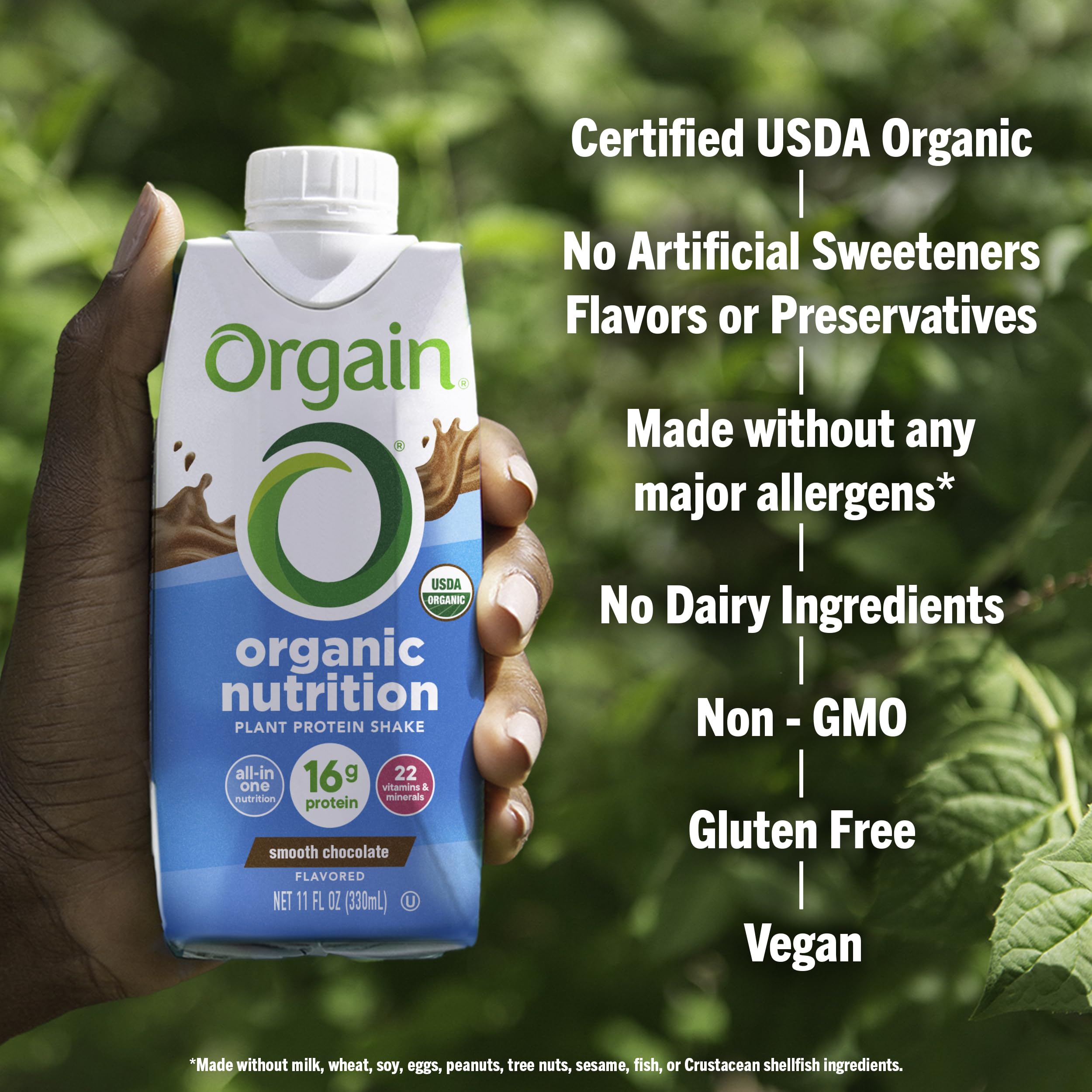 Orgain 22 vitamins and minerals badge highlighting key nutrients.