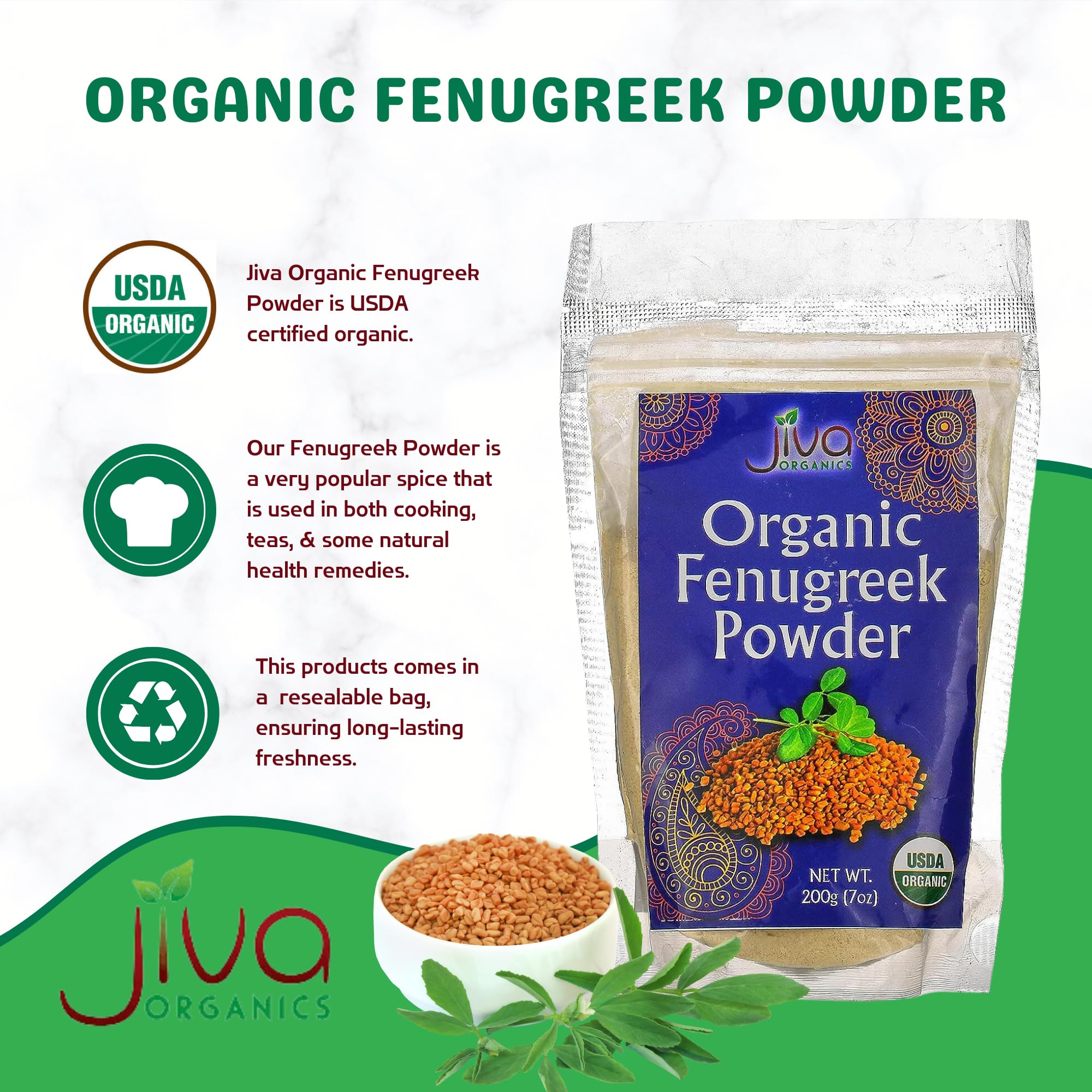 Organic fenugreek powder ingredients label notes non-GMO and gluten-free.