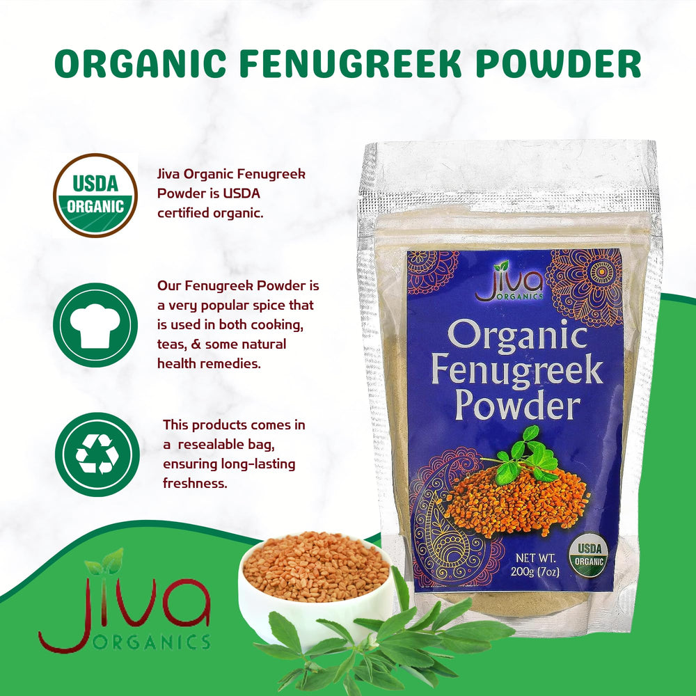 Organic fenugreek powder ingredients label notes non-GMO and gluten-free.
