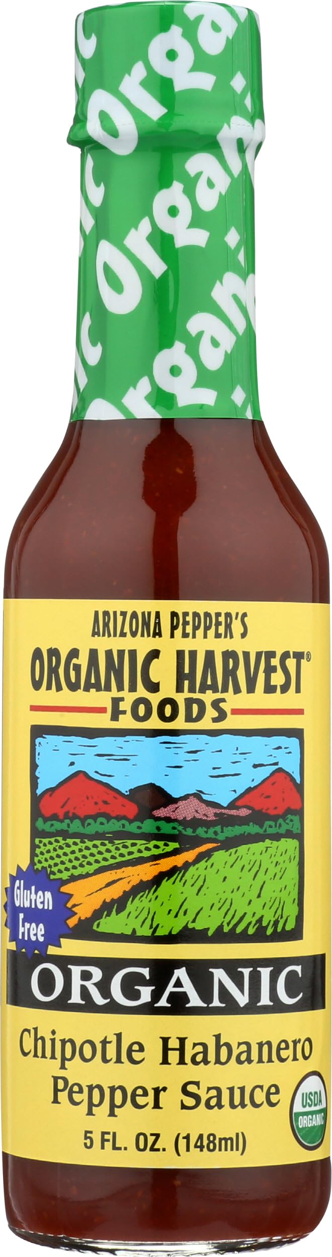 Organic Harvest Chipotle Habanero sauce bottle highlighting organic ingredients.