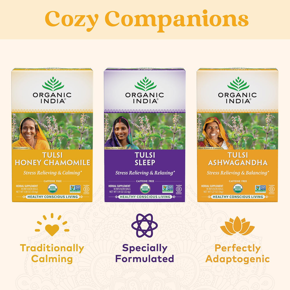 Organic India adaptogen tea collection highlights balanced calm moments.