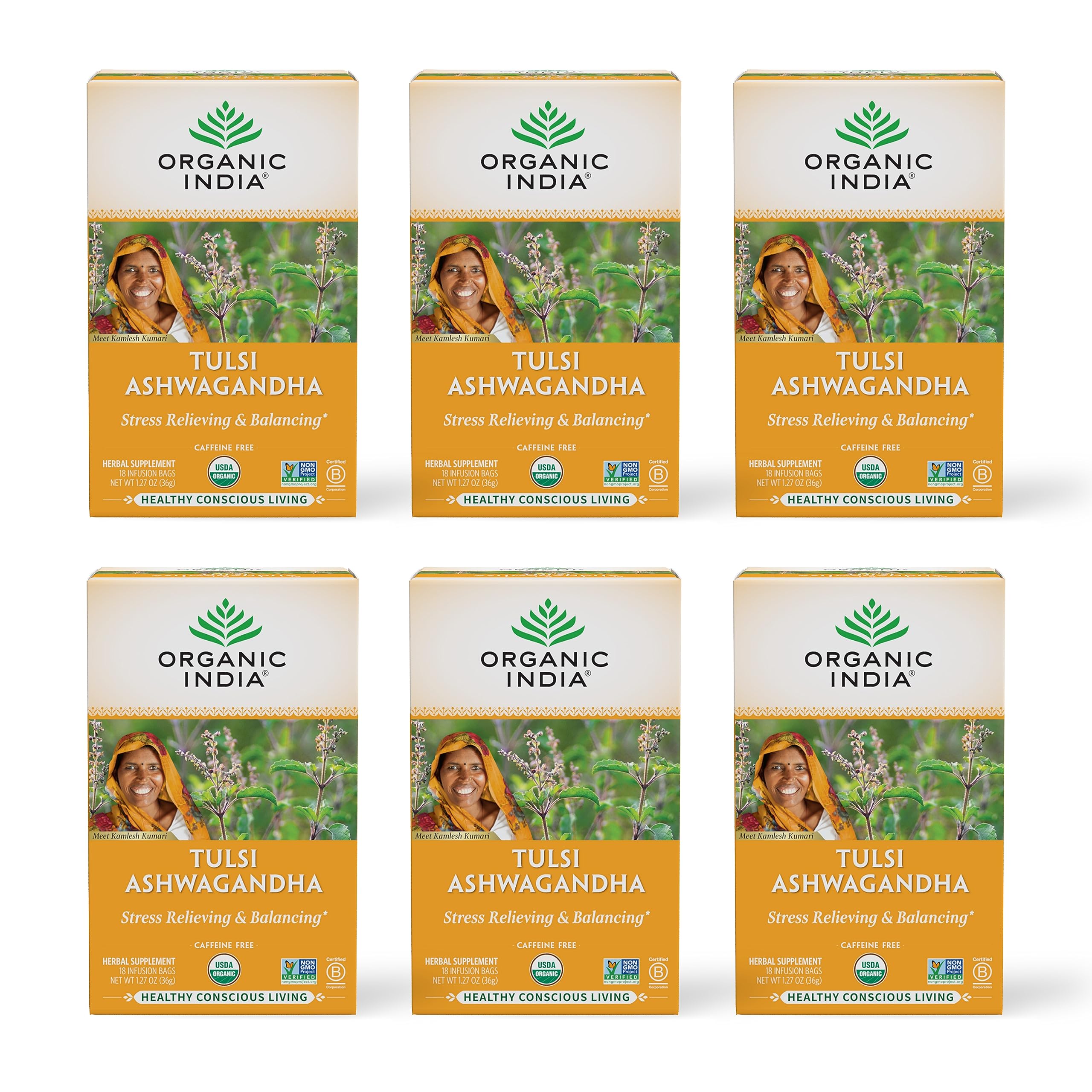 Organic India Calming Tulsi Ashwagandha tea bags with mango aroma for relaxation.