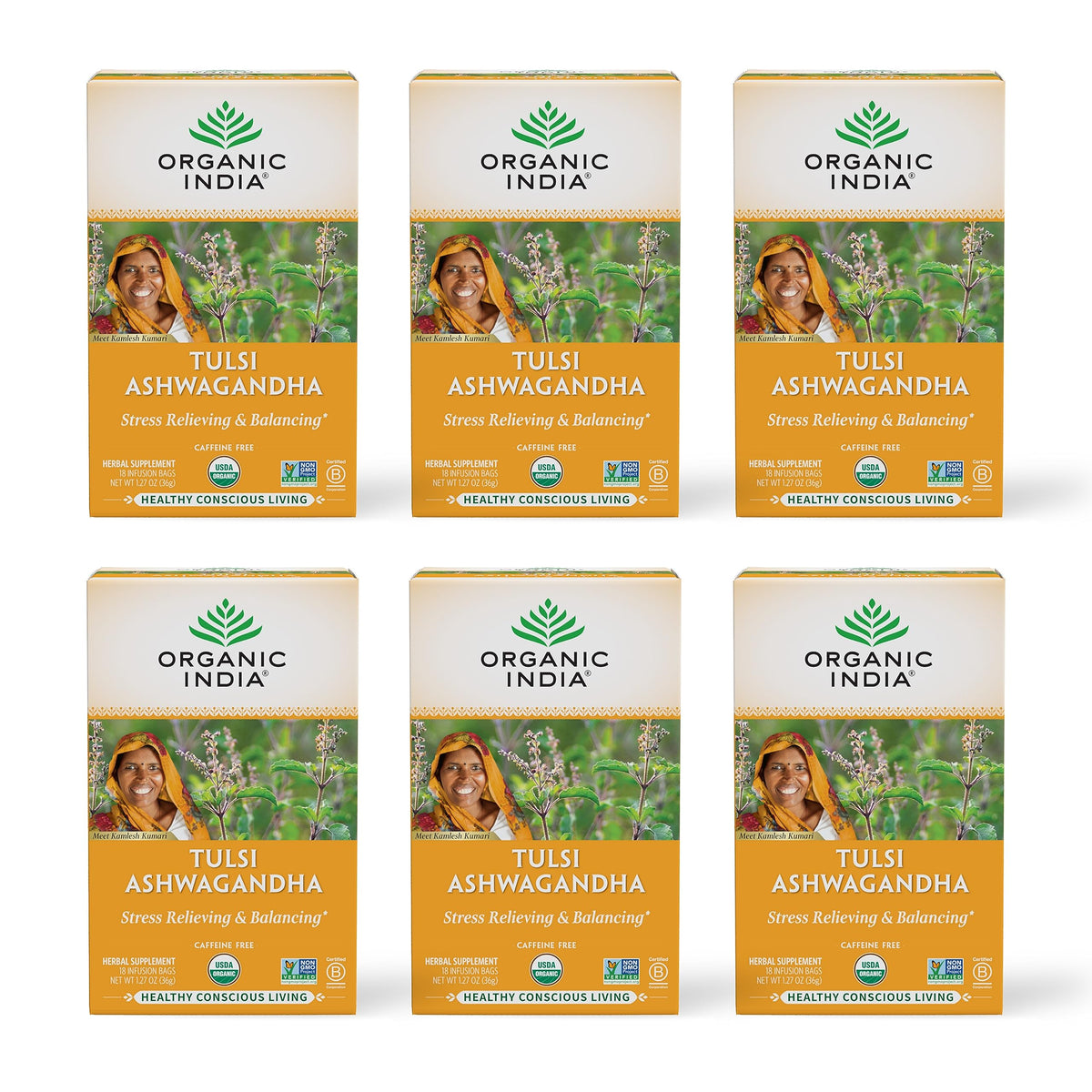 Organic India Calming Tulsi Ashwagandha tea bags with mango aroma for relaxation.