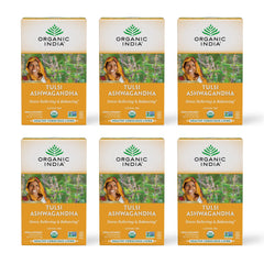 Organic India Calming Tulsi Ashwagandha tea bags with mango aroma for relaxation.