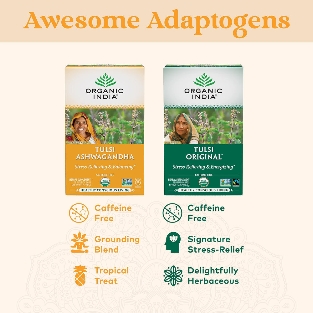 ORGANIC INDIA Calming Tulsi Ashwagandha tea cup with steam aroma