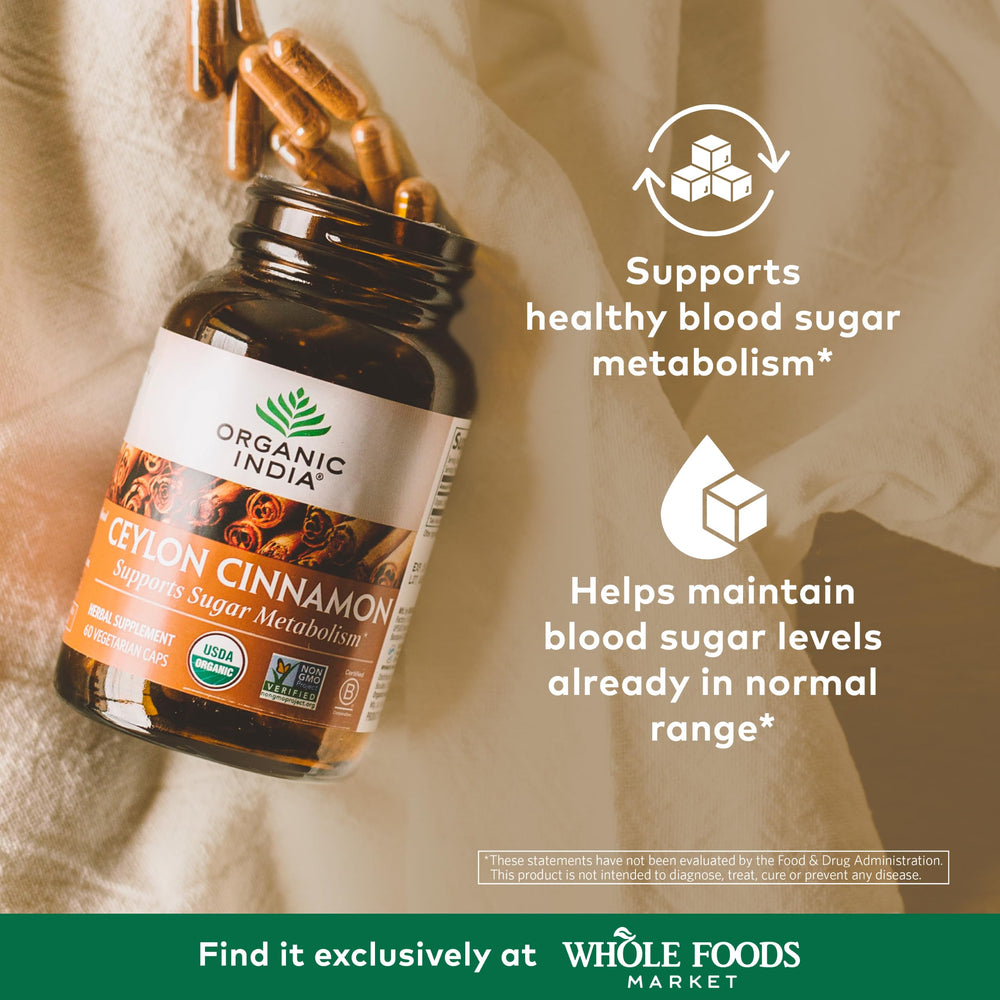 Organic India Ceylon Cinnamon capsules closeup; vegan, gluten-free daily supplement