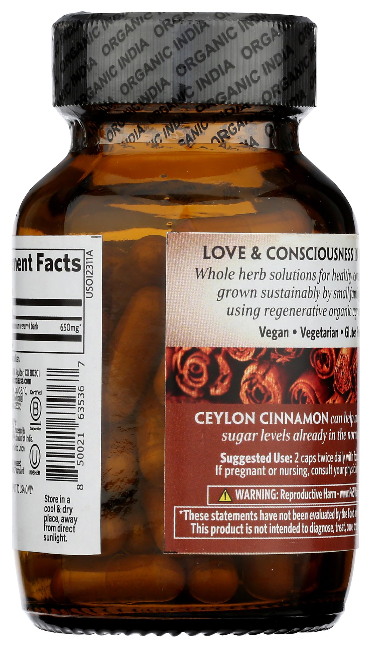 Dispensing capsule image of Organic India Ceylon Cinnamon for easy daily use