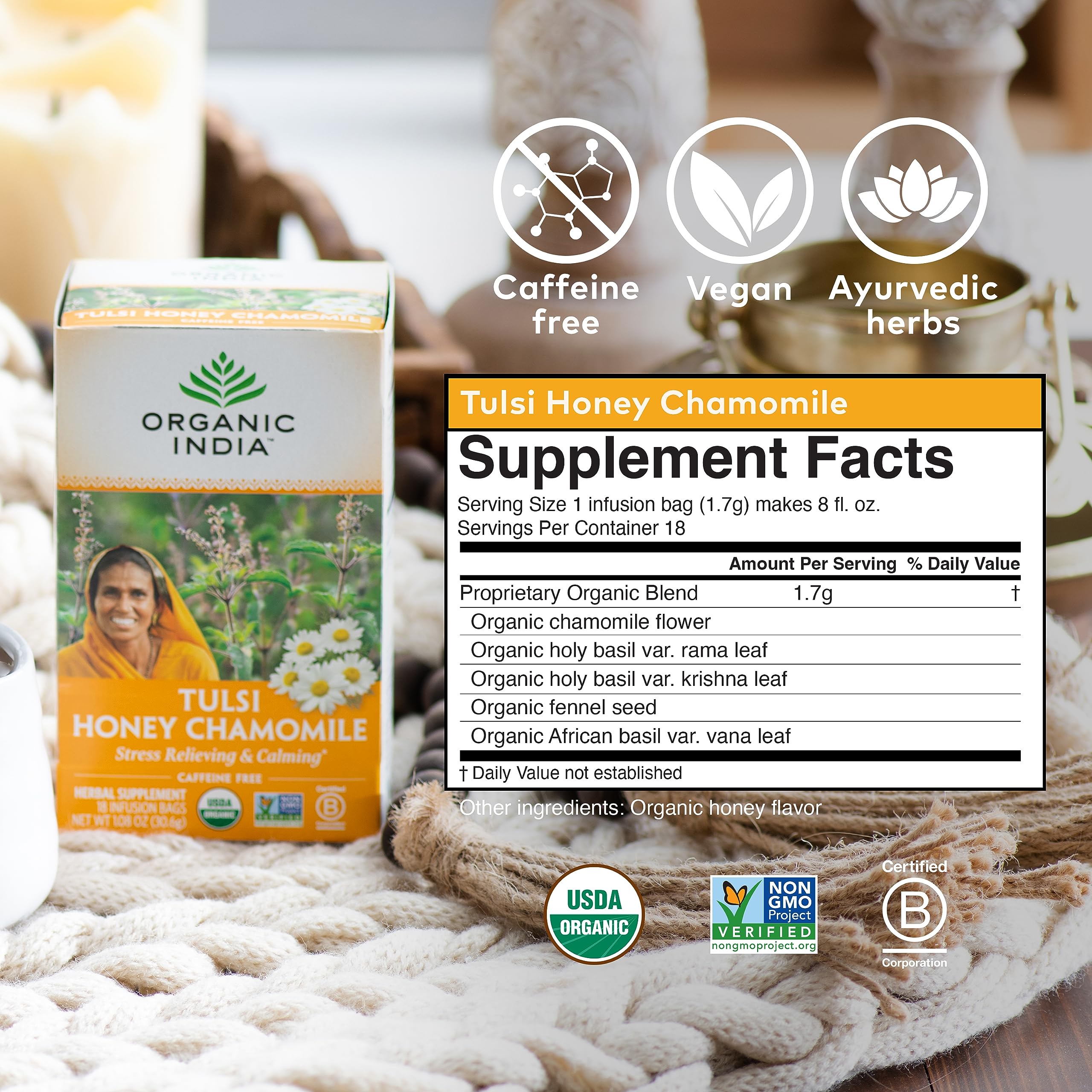 Organic India iced Tulsi tea variety pack box showcases calming blends for relaxing evenings.