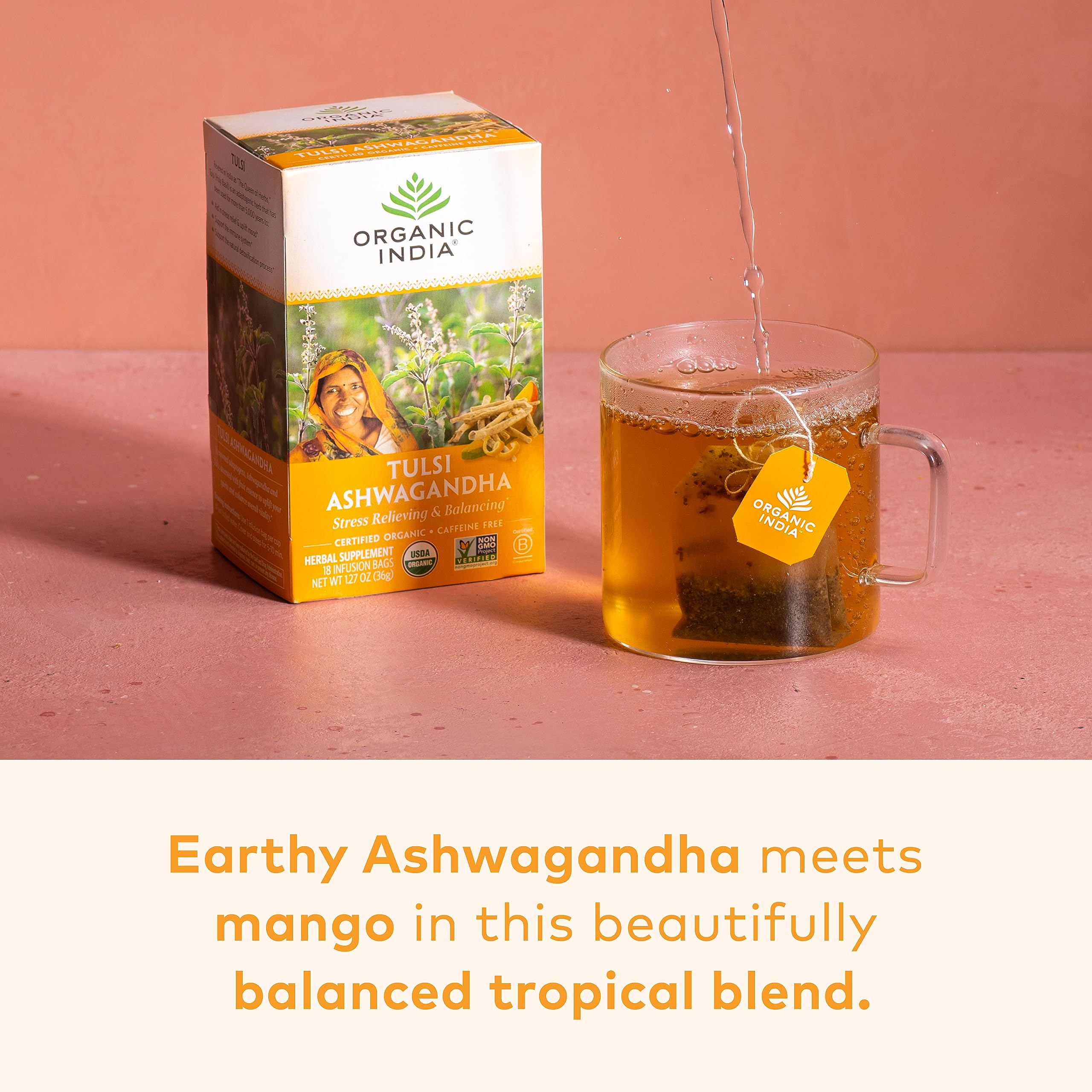 Organic India Sleep Tulsi tea bag closeup inviting a calm nighttime moment.