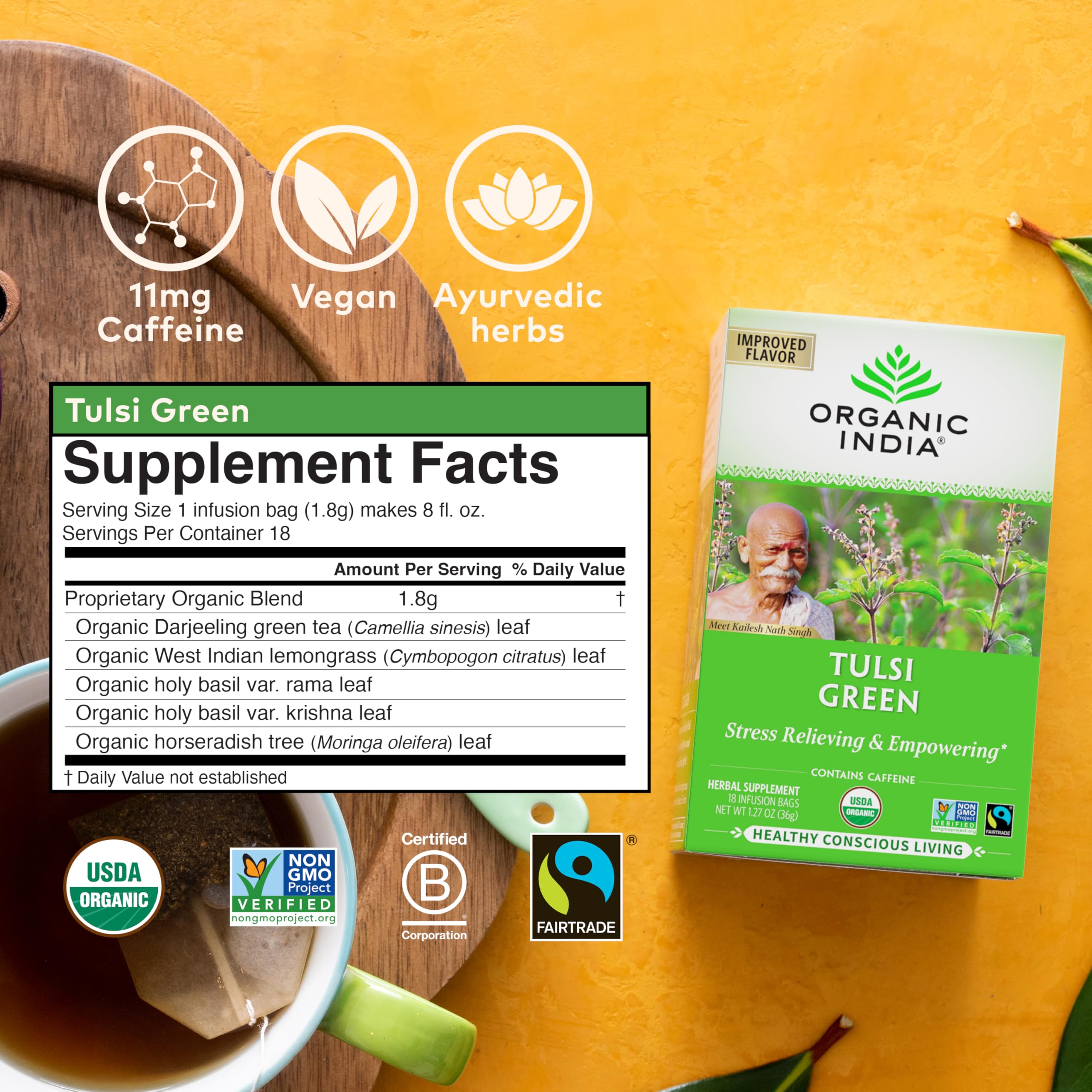 Organic India Tulsi Green Tea Bags packaging close-up highlighting organic certification.
